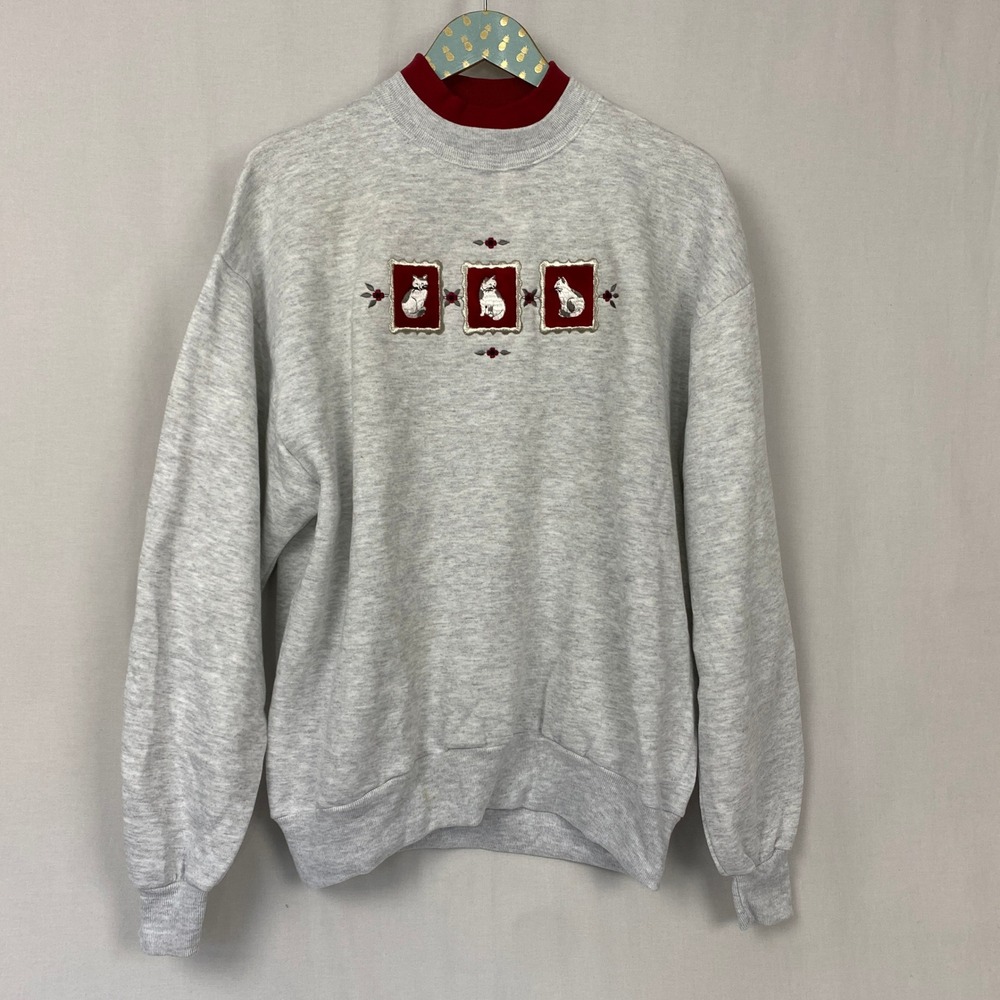 Top Stitch Sweatshirt Womens L Gray Cat Embroidered Deadstock Vintage 90s USA